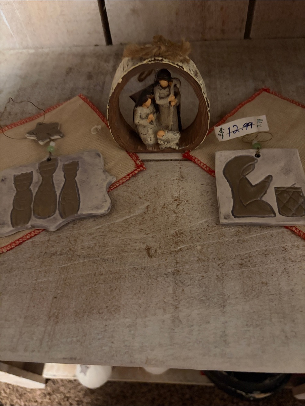 2 Rustic Cream and Brown Nativity Clay ornaments / 1 nativity birch ornament